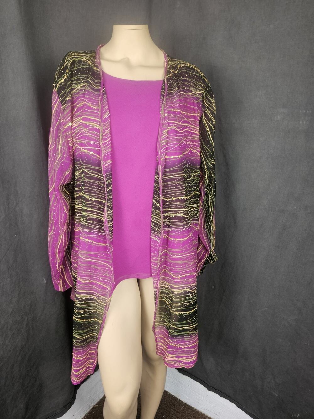 VTG 90s Georgette 3Pc Skirt Set 1X Fuchsia Pink Sheer Duster Kimono Art To Wear